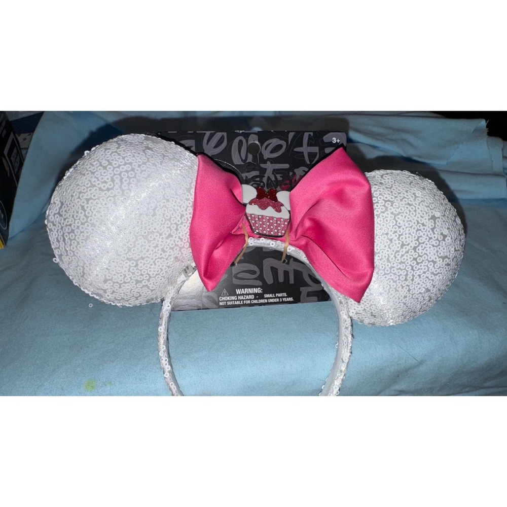 Disney Minnie Mouse White Sequin Headband Pink Bow Cupcake Ears Accessory NEW